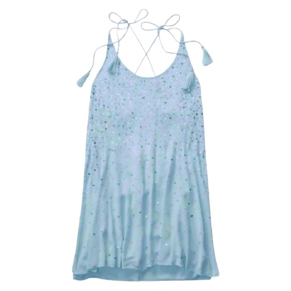 Free People Seeking Sequins Slip Dress XSmall 0 2 Blue Cross Back Tassel Ties - Picture 11 of 16